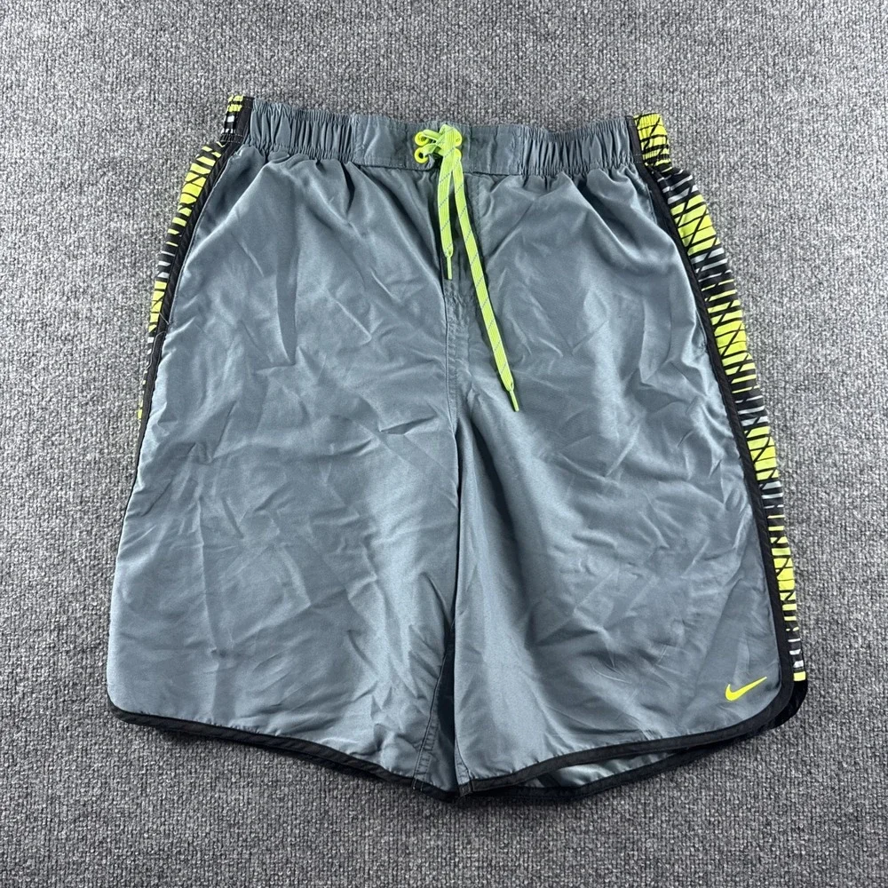 Nike Board Shorts Mens L Gray Lined Swim Surf Trunks Elastic Swoosh Drawstring